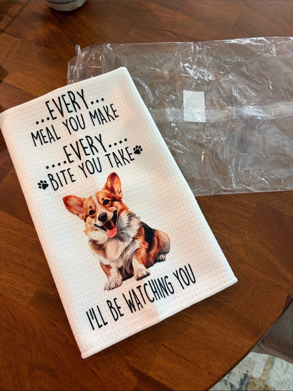 White Kitchen Towel with Corgi Illustration and Text